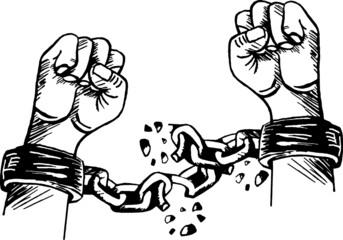 Strong hand breaking the handcuffs chain Vector illustration