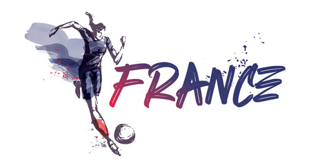 Naklejka na ściany i meble France Women's Soccer National Team Vector Design. Female Player Running. Typographic Layout. Lettering Sport Logo.