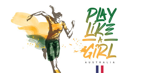 Obraz premium Australia Women's Soccer National Team Vector Design. Female Player Running. Typographic Layout. Lettering Sport Logo.