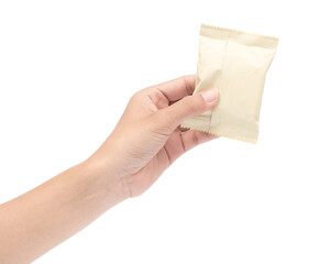 hand holding Food snack plastic bag isolated on a White Background.