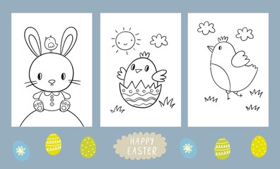 Fototapeta premium Coloring book for children - Happy Easter. Children Easter Activity page. Spring Easter worksheets