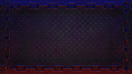 Black metal diamond plate background with chain border decorate with red and blue light 3d render