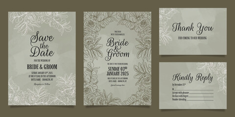 Line art floral leaves wedding invitation template set with abstract watercolor frame decoration