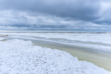 Frozen Snow Covered Beach on the Coast of Latvia on the Baltic Sea