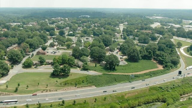 Aerial: flying over suburb in Winston-Salem city, North Carolina, USA