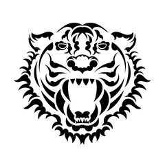 The lion's face is made up of patterns. Tiger tattoo isolated on white background. Vector