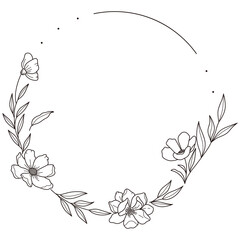 Floral Wreath branch in hand drawn style. Floral round black and white frame of twigs, leaves and flowers. Frames for the Valentine's day, wedding decor, logo and identity template.