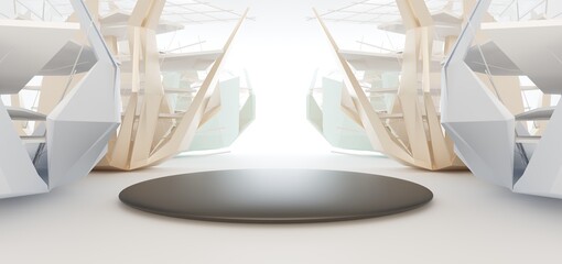 Luxury parametric abstract architectural minimalistic background. Contemporary showroom. Modern colored glass exhibition tunnel. Empty gallery. Backlight. 3D illustration and rendering.