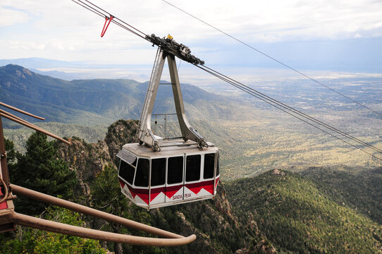 A tramway car descending the Sandia Mountains in New Mexico