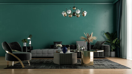 Modern interior design for home, office, interior details, upholstered furniture on the background of a dark green classic wall.