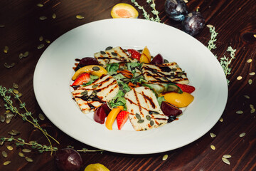 Halumi Mix Salad. Grilled. Vegetable. Served with fruit. Delicious.