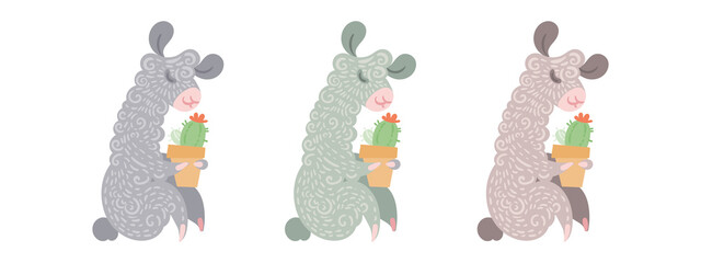 Set of cute curly alpacas with blooming cactus in a clay pot.Vector illustration in different colors for coloring pages, children and adult prints, baby shower
