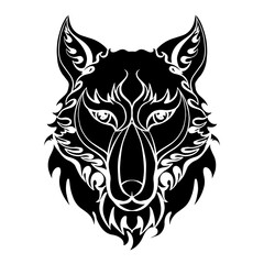 Obraz premium Black silhouette of wolf head front view on whte background. Stylized redator front view portrait. Vector sketch for tattoo, icon, logo and printing on stuff