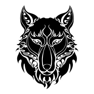 Black silhouette of wolf head front view on whte background. Stylized redator front view portrait. Vector sketch for tattoo, icon, logo and printing on stuff