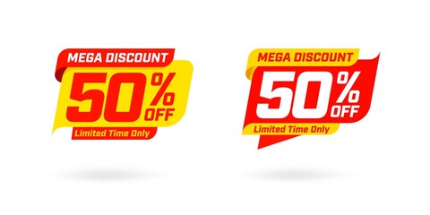 Marketing deal sale tag giving super offer on half price. Yellow red mega discount 50 percent off limited time only label badge two set vector illustration isolated on white background
