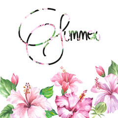 Obraz premium summer card with watercolor hibiscus