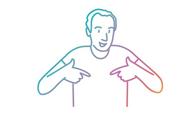 Young man points to herself. Colored line. Vector illustration.