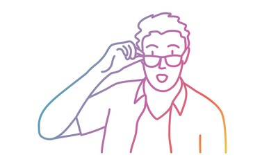 Guy with a surprised look takes off his glasses. Colored line. Vector illustration.