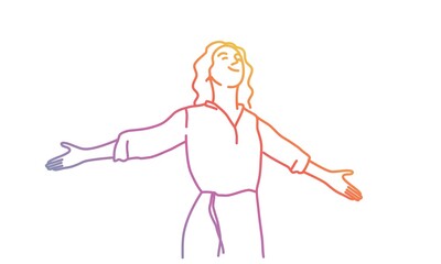 Happy girl stretching arms and relaxing. Colored line. Vector illustration.