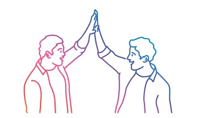 Happy guys giving high five. Colored line. Vector illustration.