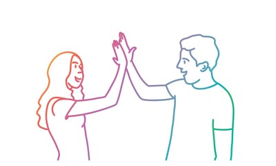 Young people guy and girl giving high five. Colored line. Vector illustration.