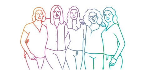 Vector illustration of five young girls are embracing. Colored line.