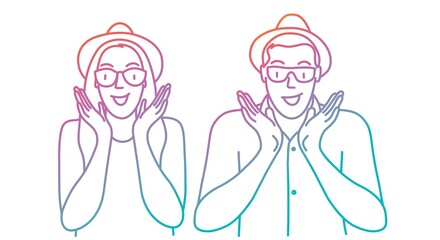 Surprised young girl and guy with glasses and hat. Colored line. Vector illustration.