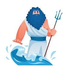 Poseidon. Ancient greek god with a trident in his hand. Lord of water. The mythological deity of Olympia. Vector illustration.
