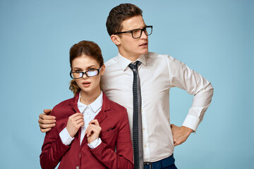 professionals colleagues at work manager in office blue background emotions