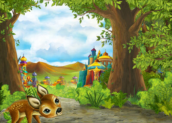 Cartoon nature scene near the forest with a path - illustration