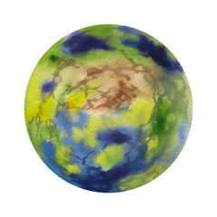 Drawn abstract planet. Watercolor planet isolated on white background. Bright drawing of a planet in green blue color