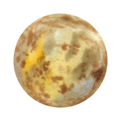 Watercolor planet isolated on white background. Drawn abstract planet. Bright drawing of the planet in yellow and brown