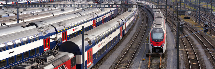 Panorama of track field at Zurich railway main station. Photo taken March 4th, 2021, Zurich, Switzerland.