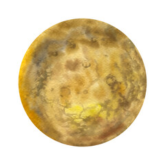 Watercolor planet isolated on white background. Drawn abstract planet. Bright drawing of the planet in yellow and brown