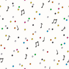 Seamless pattern with Hand drawn music notes and colorful dots. Great for fabrics, greeting cards, wallpapers, gift wrapping paper, web page backgrounds etc