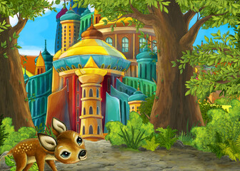 Cartoon nature scene near the forest with a path - illustration