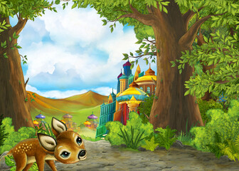 Cartoon nature scene near the forest with a path - illustration