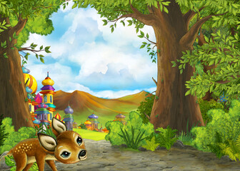 Cartoon nature scene near the forest with a path - illustration
