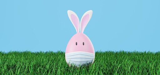 Easter eggs with rabbit ears are wearing masks. Image showing that the corona virus is affecting Easter. 3D rendering.