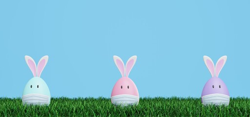 Easter eggs with rabbit ears are wearing masks. Image showing that the corona virus is affecting Easter. 3D rendering.