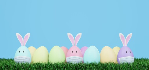 Easter eggs with rabbit ears are wearing masks. Image showing that the corona virus is affecting Easter. 3D rendering.