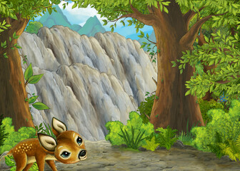 Cartoon nature scene near the forest with a path - illustration