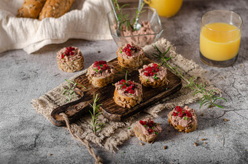 Homemade pate on heathy bread with cranberries