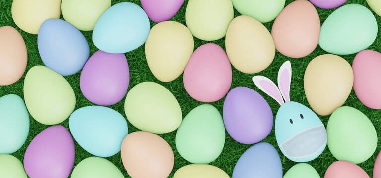 Easter eggs with rabbit ears are wearing masks. Image showing that the corona virus is affecting Easter. 3D rendering.