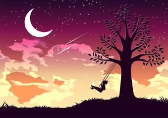 Silhouette design of a girl swinging alone under the tree
