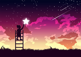 Silhouette design of girl is on ladder to keep star © Terd486