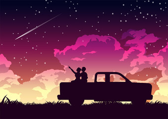 Silhouette design of couple on the back of truck to look stars