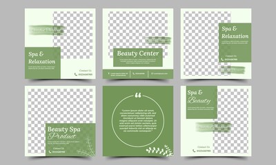 Spa and beauty massage social media post template set design. Green color background with leaf ornament. Square banner vector design with photo collage. Suitable for social media, flyers, and web.