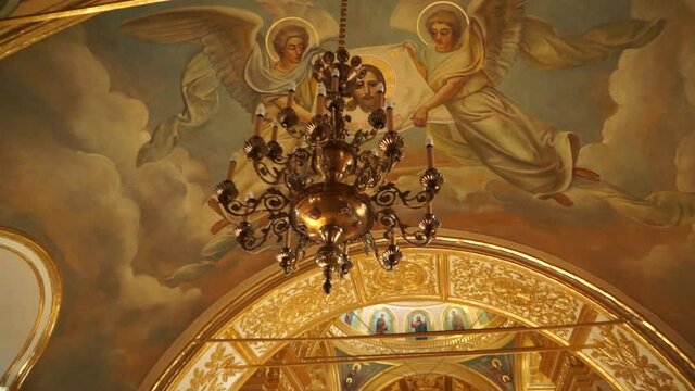 A christian orthodox church. Beautiful old temple. Wall painting in the church. Inside Interior of the christian orthodox church