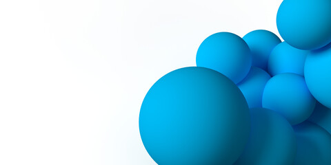 On right frame many blue 3D rendered spheres in various sizes on white background with copy space. Vector objects with shadow and copy space. Graphic minimalist design.